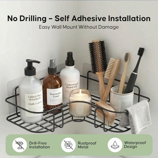 (Pack of 2)No Drill Self Adhesive Bathroom Corner Shelf, Metal Wall Mounted Shower Storage Rack, Bathroom organiser without drill, Rust Proof Corner Rack for Bathroom & Kitchen