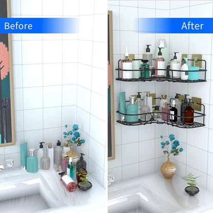 (Pack of 2)No Drill Self Adhesive Bathroom Corner Shelf, Metal Wall Mounted Shower Storage Rack, Bathroom organiser without drill, Rust Proof Corner Rack for Bathroom & Kitchen