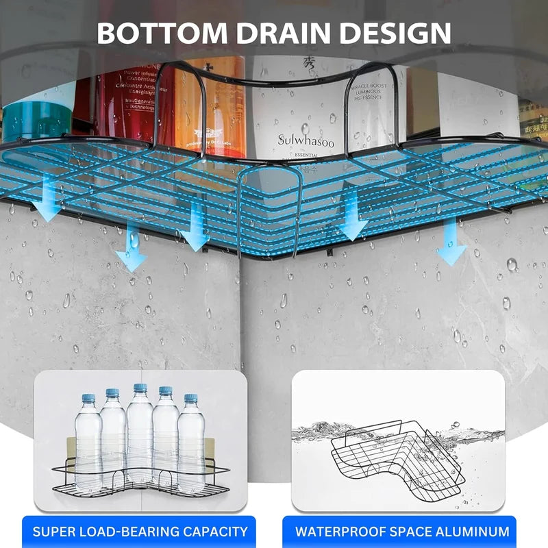 (Pack of 2)No Drill Self Adhesive Bathroom Corner Shelf, Metal Wall Mounted Shower Storage Rack, Bathroom organiser without drill, Rust Proof Corner Rack for Bathroom & Kitchen